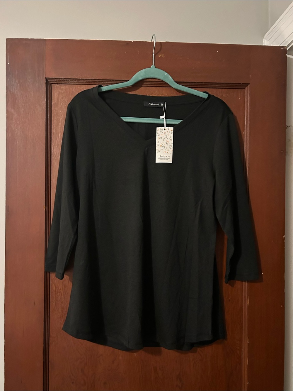 Women's Black V-Neck 3/4 Sleeve Tee by Autumn